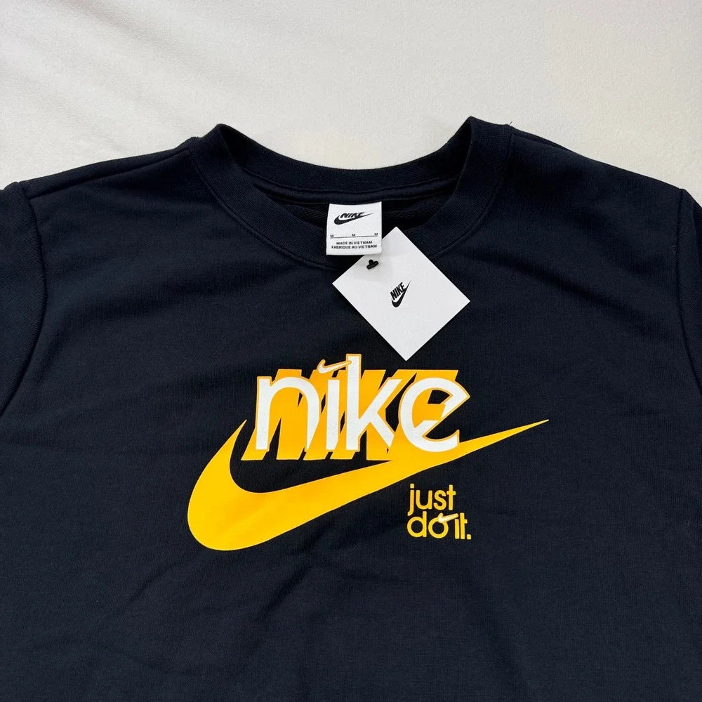 Nike Womens Sportswear Crewneck Sweatshirt Black Yellow Just Do It Logo M NWT